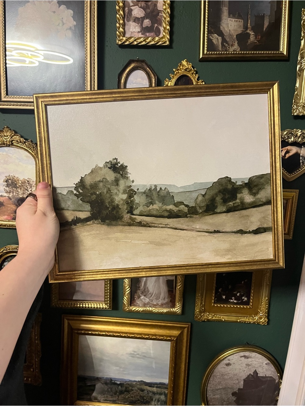 Studio McGee 14”x11” RollingHills Olive and Gold Framed Landscape Watercolor NEW